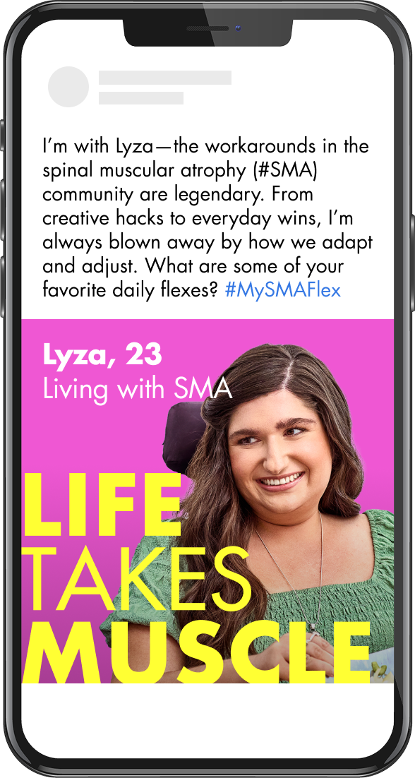 #MySMAFlex social media post for Life Takes Muscle shown on a smartphone